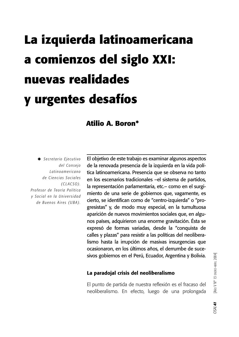 La izquierda latinoamericana a comienzos del siglo XXI: nuevas realidades y urgentes desafíos